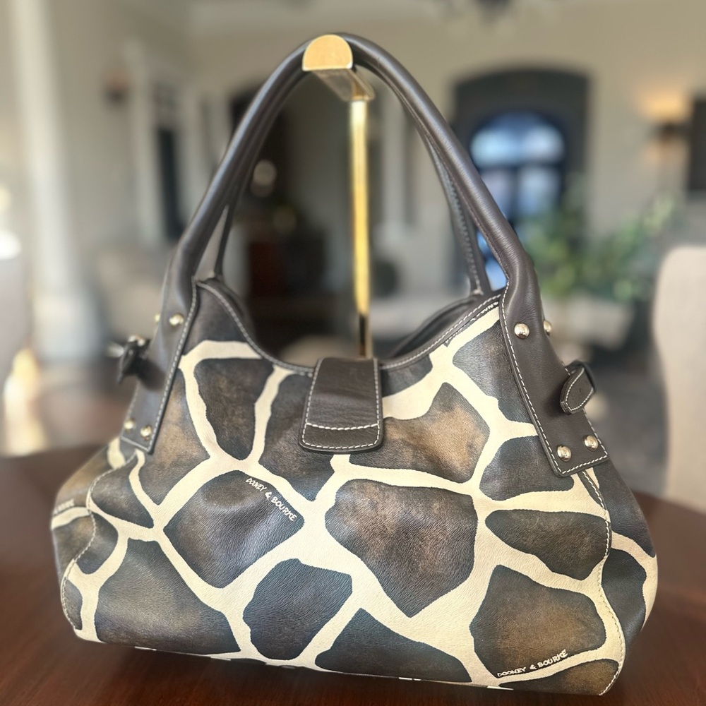 Dooney & Bourke Brown and Cream Giraffe Print Leather Satchel - Picture 2 of 6